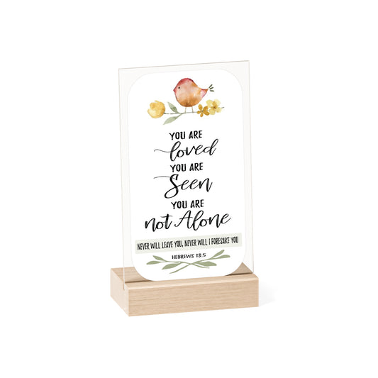 Inspirational Acrylic Sign with Wooden Stand - Hebrews 13:5